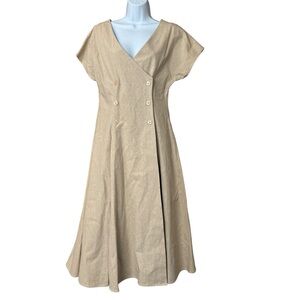 Vintage Together! Beige French Style Pocketed Midi Dress Ramie Cotton Size 10